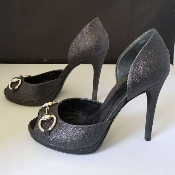 GUCCI Black Glitter Stardust Nappa Charlotte Nero Open Toe Pumps Size 38/ US 8 - Picture 11 of 12